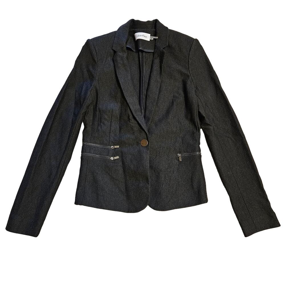 Calvin‎ Klein Blazer Womens 6 Zipper Pocket Button Closure Black Career Jacket